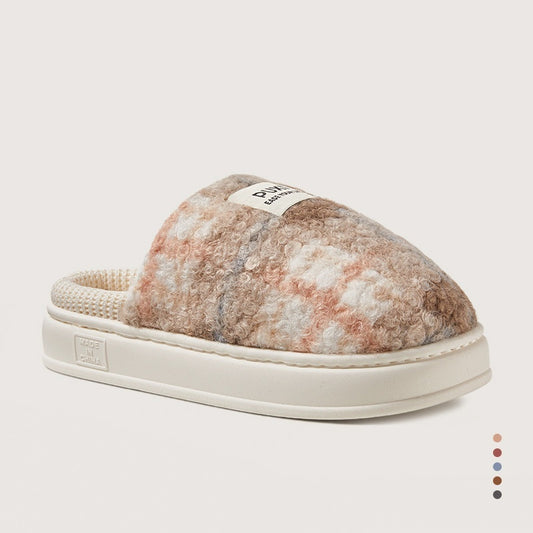 Winter Home Warm Antibacterial Retro Plaid Fleece-lined Thick Slippers