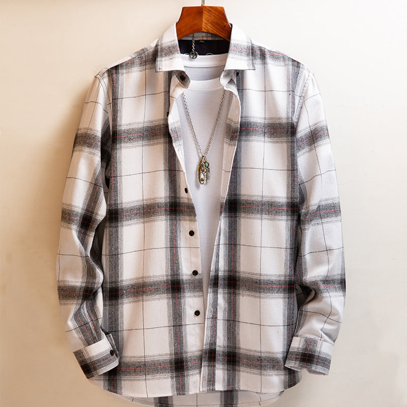 Autumn Brushed Long-sleeved Japanese Casual Loose Plaid Men's Bottoming Shirt