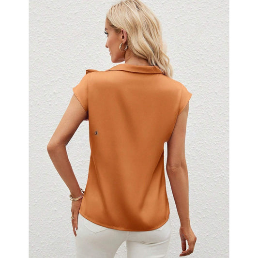 Half-open Collar Satin Top With Bow