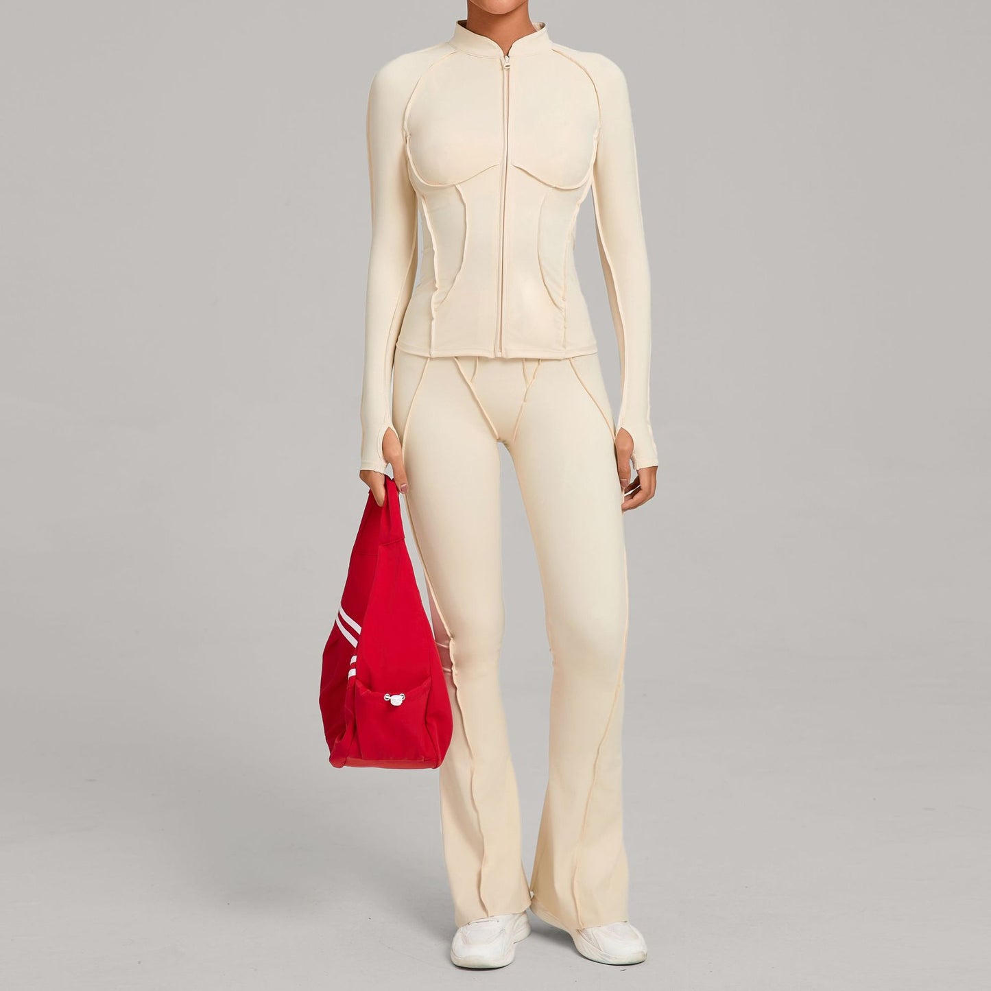Womens Patchwork Zip Up Long Sleeve Top And Pants Set