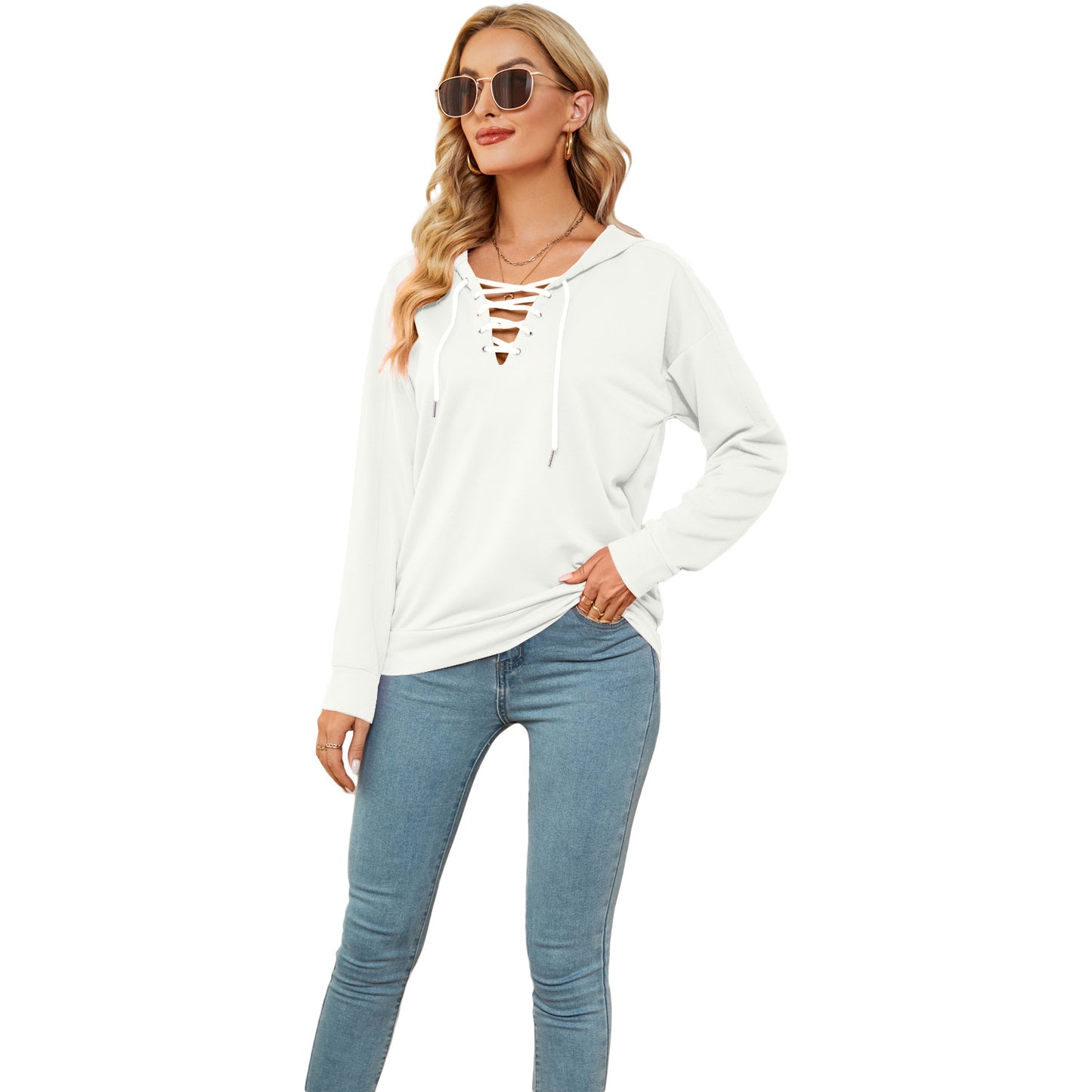 European And American Women's Solid Color Hooded Sweater With Collar Straps