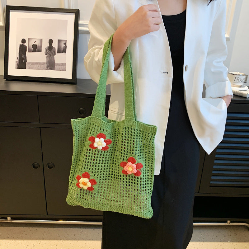 Hollow Knitted Bag Westernized Flower One Shoulder Handbag