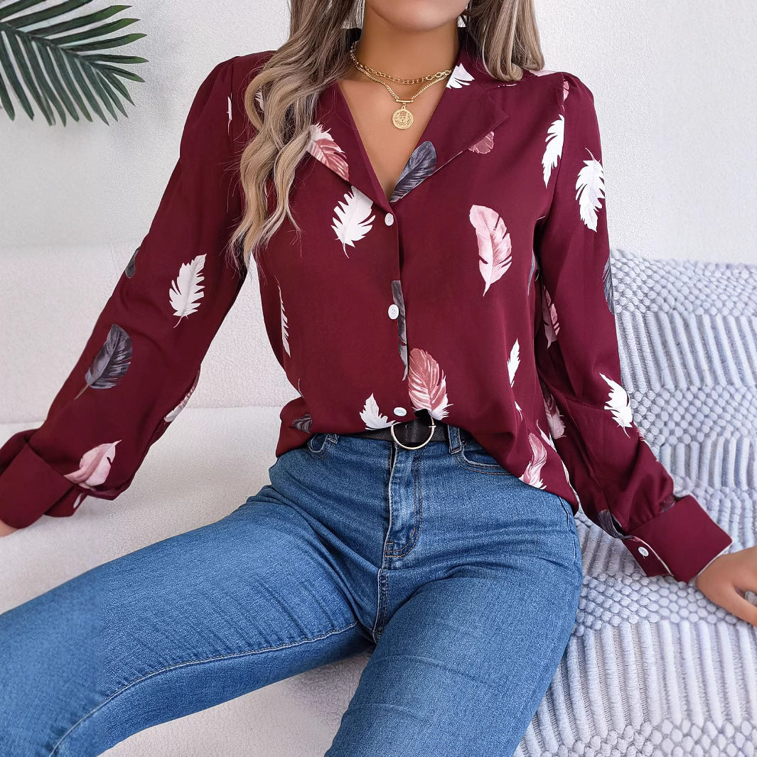 Elegant Feather-Print Blazer Collar Long-Sleeve Shirt
