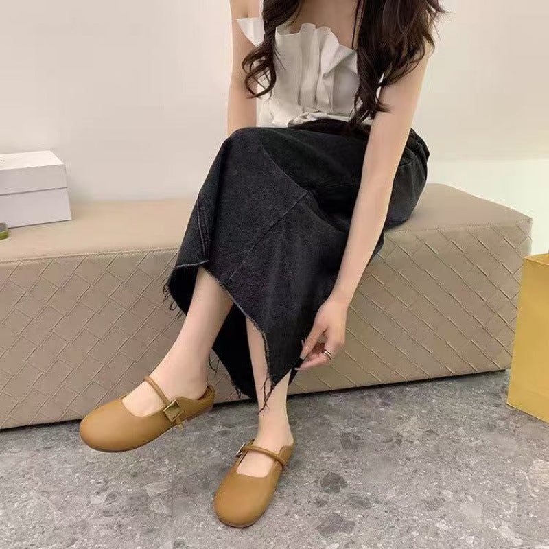 Temperament Wild Square Buckle Toe Cap Semi Slipper Soft Bottom Internet-famous Outdoors Slip-on