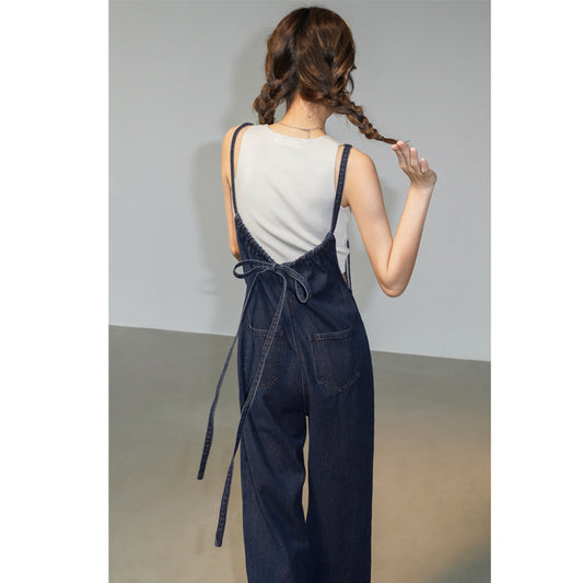 French Denim Suspender Pants Summer Women's Thin Design Loose Wide-leg Straight Pants