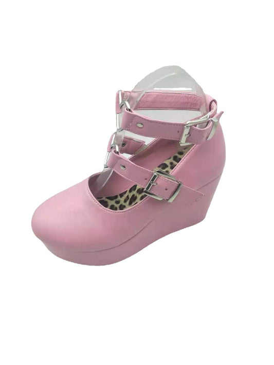 Round Toe Wedge With Solid Color Buckle Large Size Leather Shoes