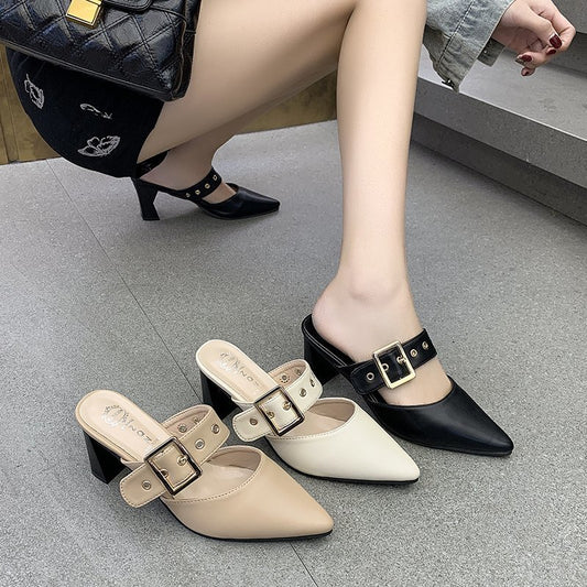 New Fashion Belt Buckle Pointed Thick Heel Mid Heel Muller Sandals And Slippers