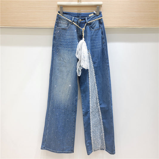 Lace Stitching Rhinestone Jeans