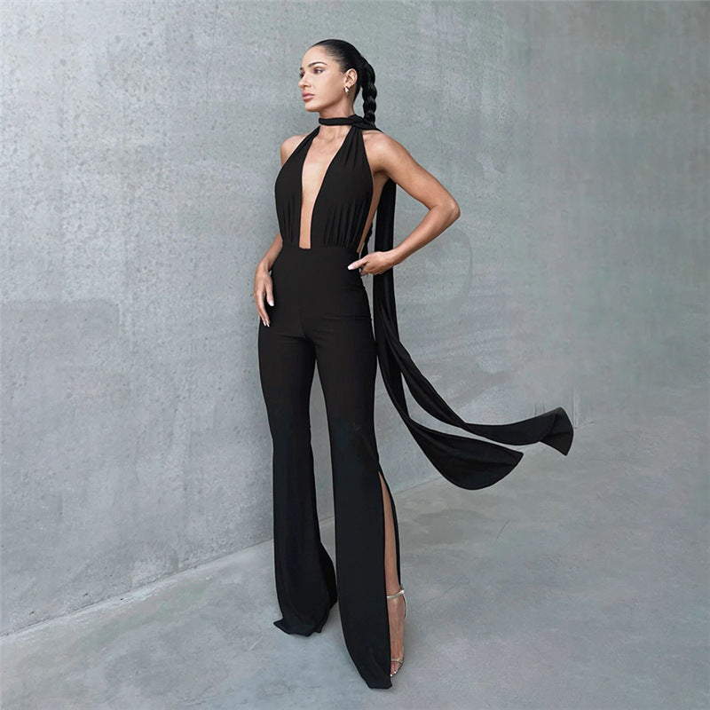 Europæisk og amerikansk efterår Dametøj Halterneck Cut-out Rygløs Slim Fit Skinny Jumpsuit