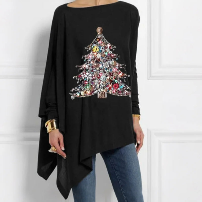 Christmas Beaded Tree Embellished Black Relaxed-Fit Long-Sleeve Top