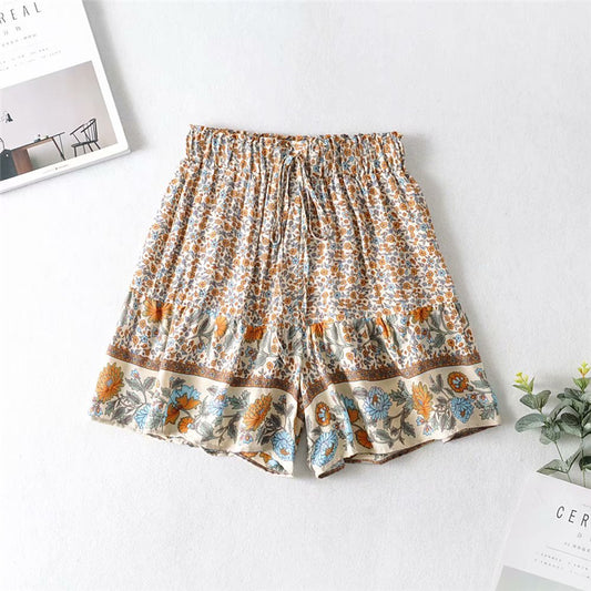 Women's Elastic Waist Drawstring Viscose Print Shorts