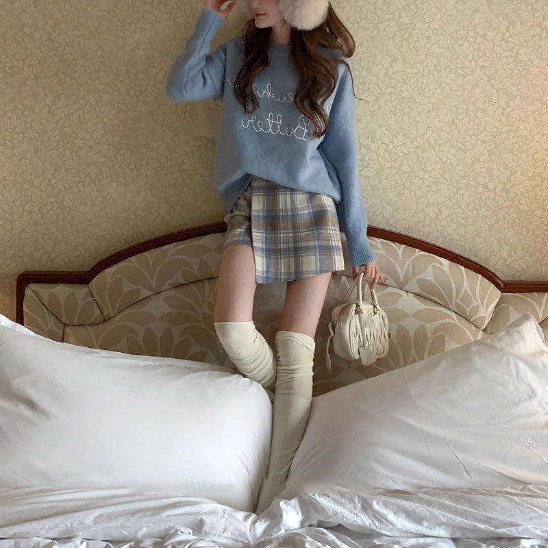 Red Plaid Skirt Women's Autumn And Winter American Retro A- Line Skirt Woolen Culottes