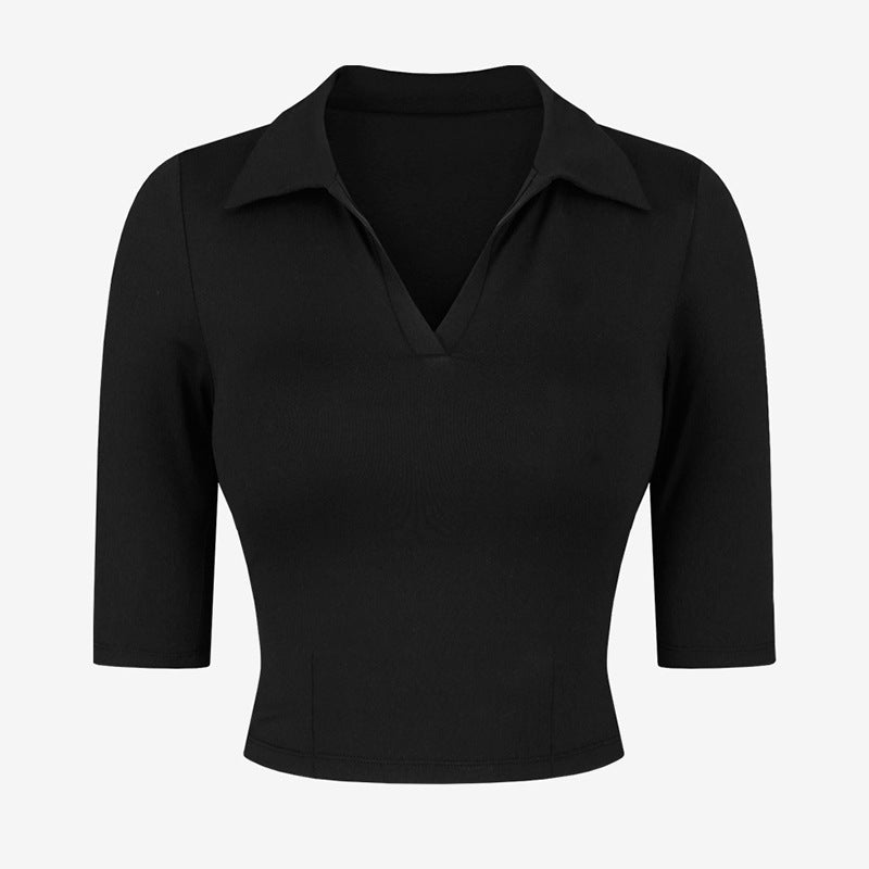 Sexy Slim Fit Short Sleeve Yoga Suit T-shirt Polo Collar Top Nylon Nude Feel Exercise Workout Clothes