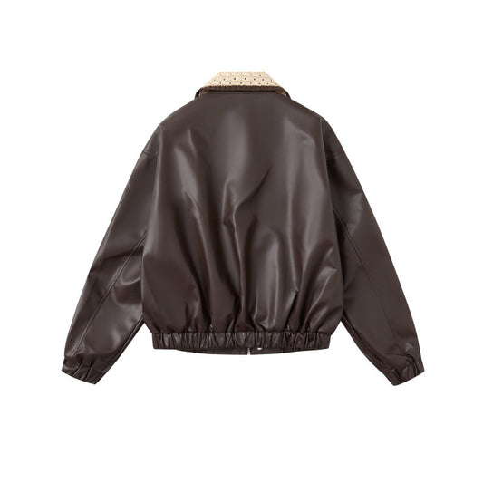 Color-blocked, Lapel-collar, Loose-fitting, Versatile, Trendy PU Leather Jacket For Couples