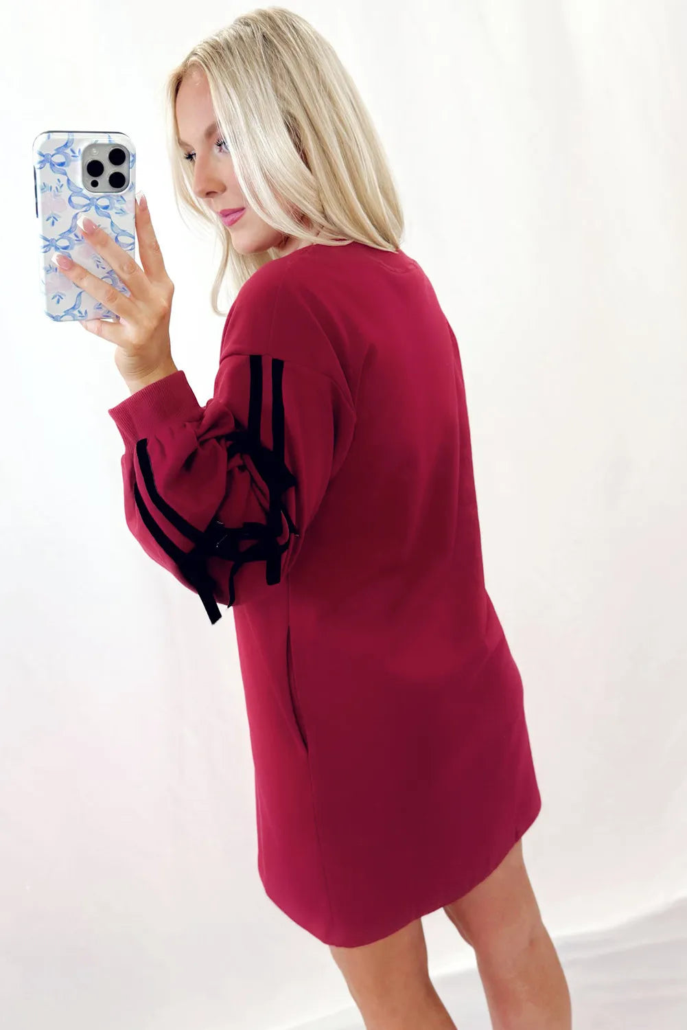 Racing Red Contrast Color Striped Bow Decoration Drop Shoulder Sweater