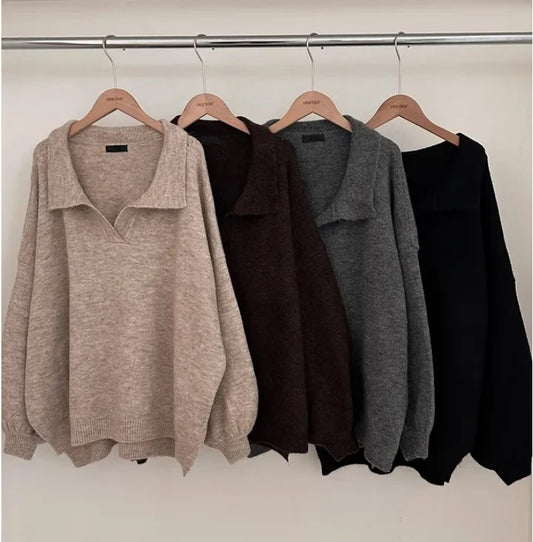 Womens Polo-Neck Sweater Loose-Fit Warm Mid-Length Knitted Top