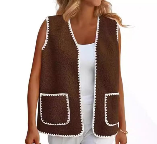 Fashion Color Contrast Sleeveless Lamb Wool Base Vest Coat