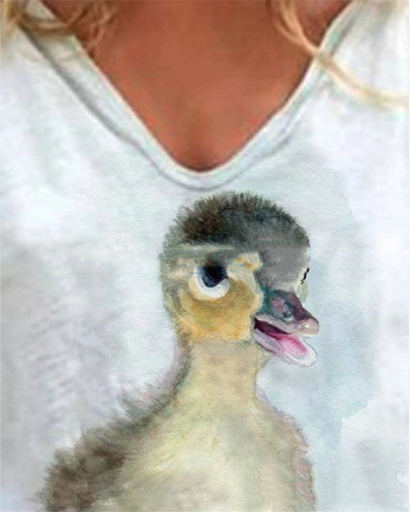 Women's New Duck Print Casual V-Neck Pullover Short Sleeve T-Shirt