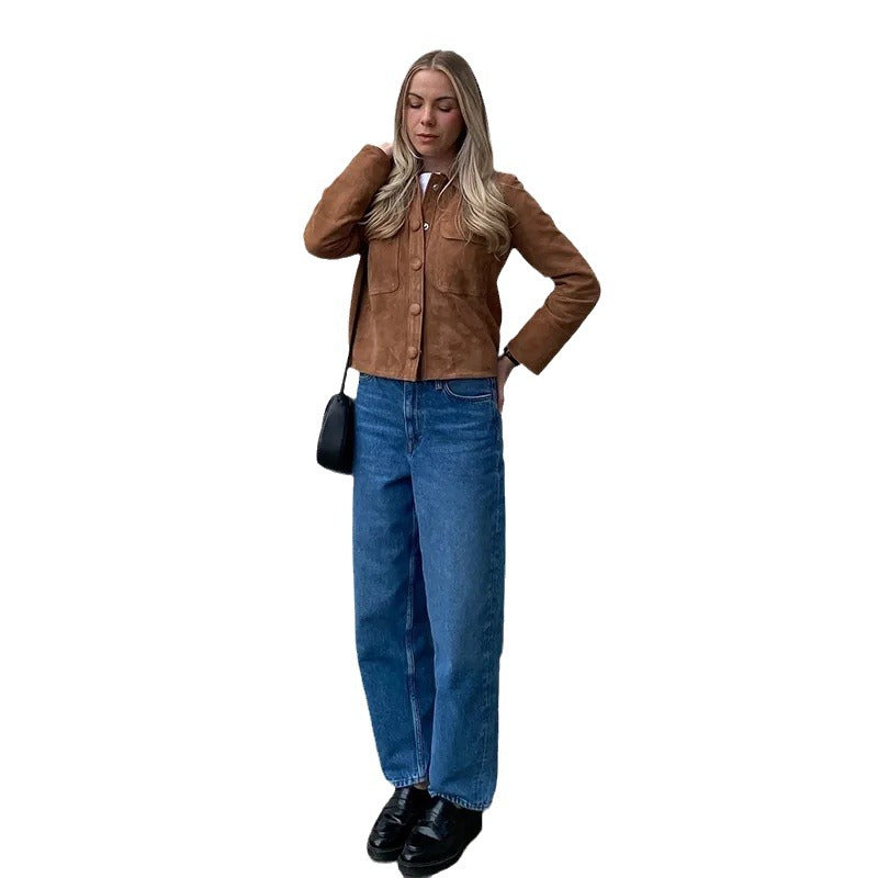 Lapel Single Breasted Vintage Long Sleeve Suede Jacket