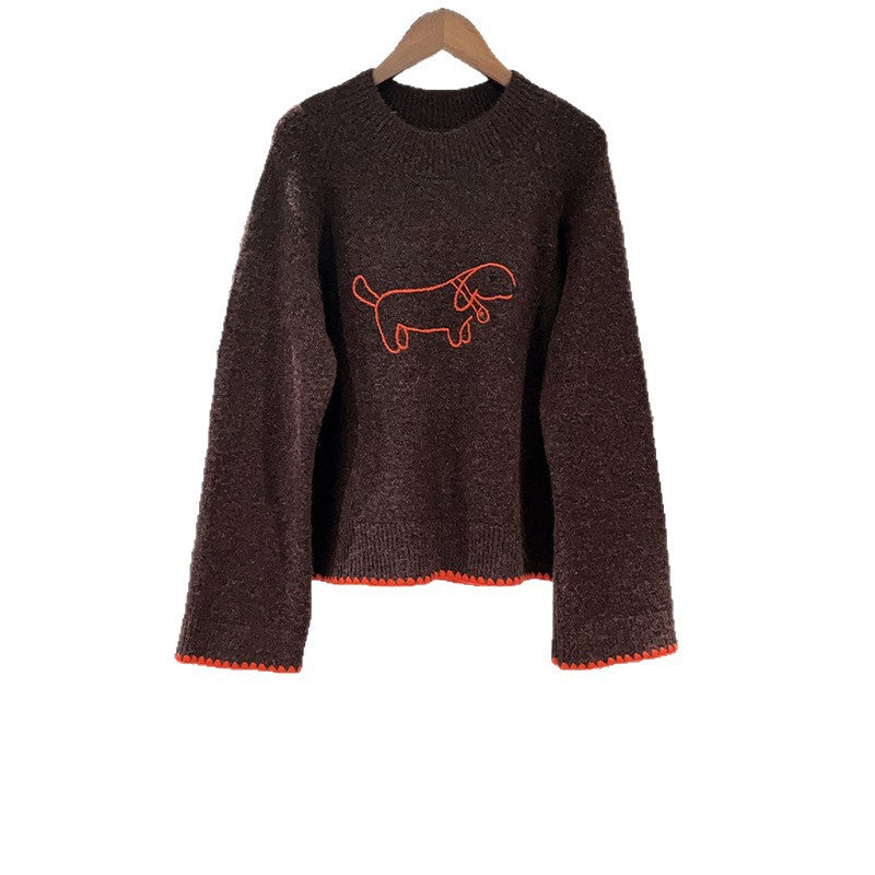 French-style Niche Cute Cartoon Puppy Sweater With A Round Neckline
