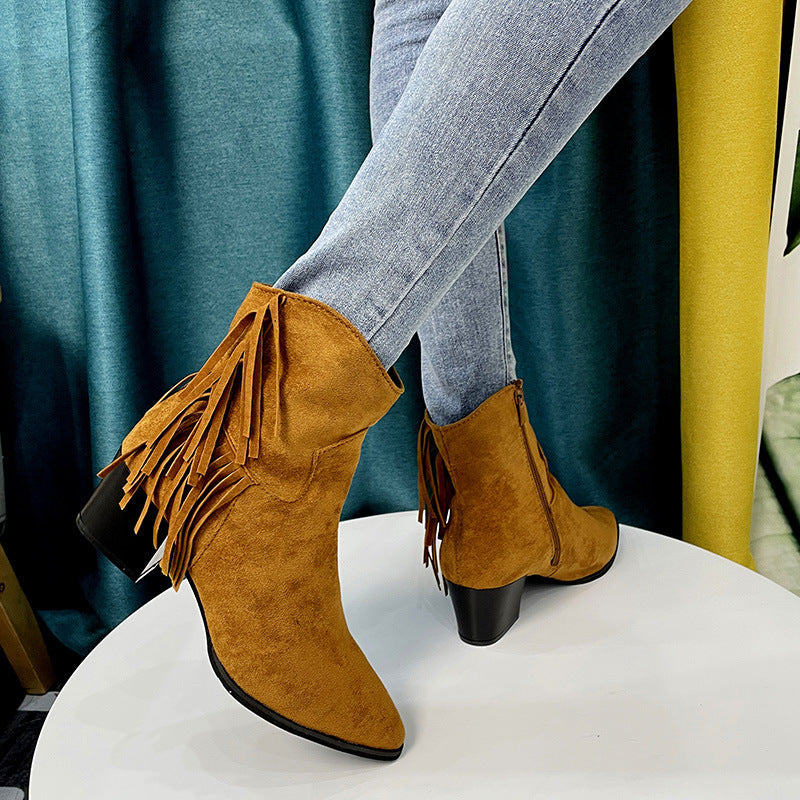 Plus Size Women's Tassel Boots Women's Boots Pointed Toe Thick Heel