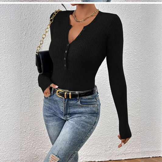 Women's V-neck Long Sleeve Button Top