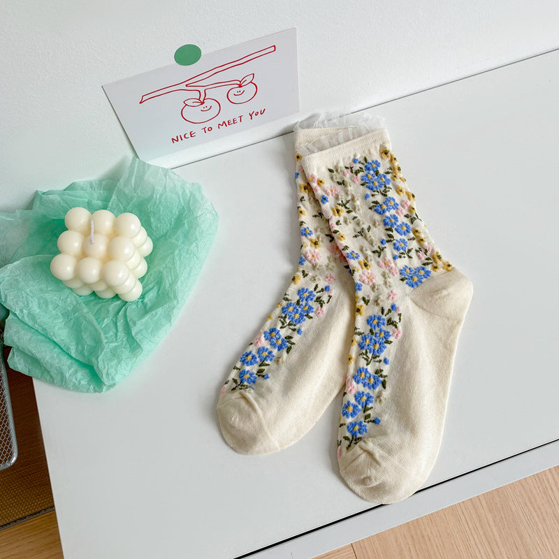 Ethnic Style Retro Embossed Jacquard Mid Tube Cotton Women's Socks