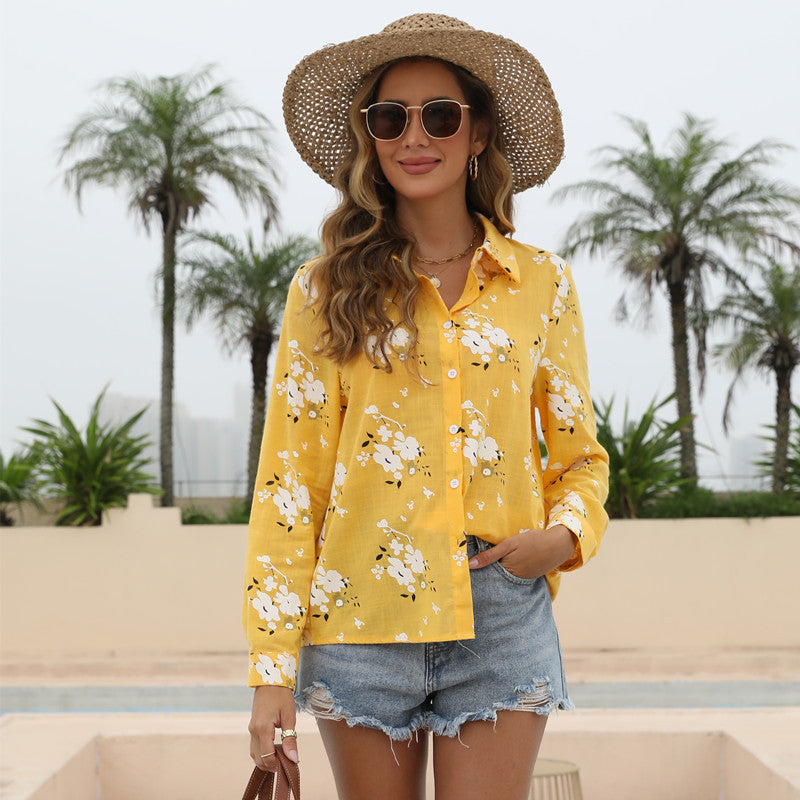 Printed Casual Loose Long-sleeved Linen Cotton Shirt For Women