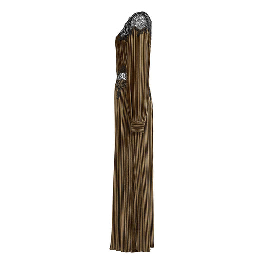 Round-neck Lace-panelled Waist-cinching Green Elegant Maxi Dress