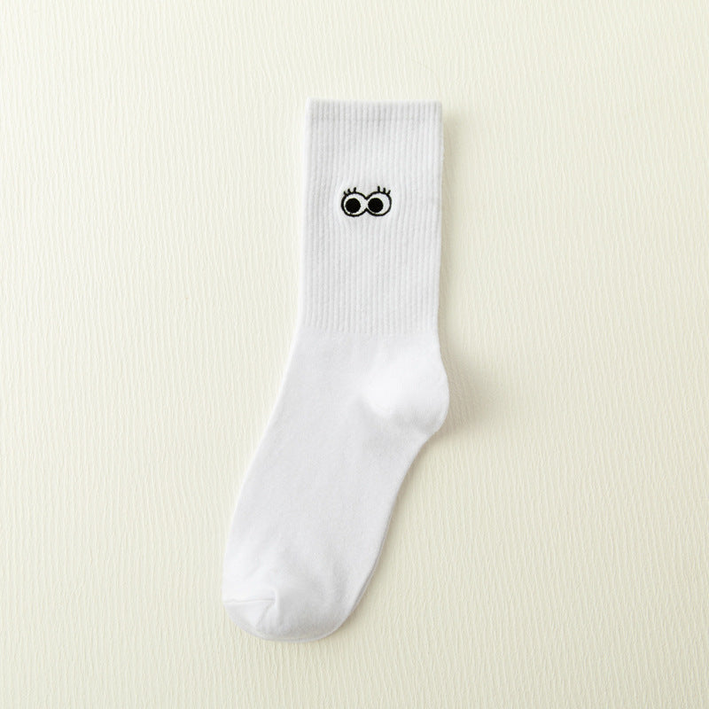 White Japanese Cartoon Embroidery Tube Socks
