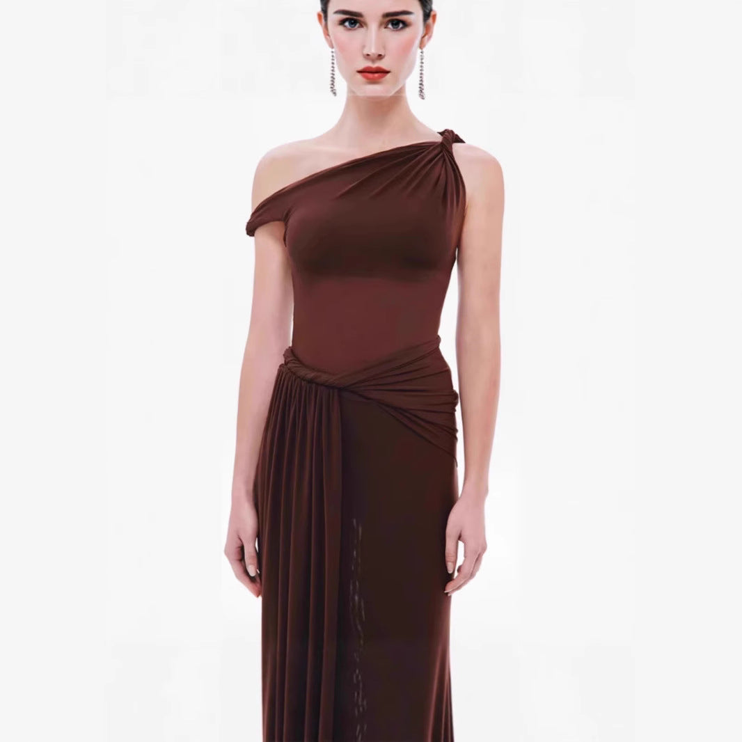 Womens Asymmetrical Dress With A Slanted Neckline Off-the-Shoulder Design And A Tied Waist