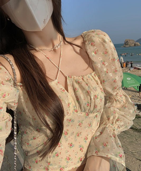 Women's Puff Sleeve Floral Bandeau Top
