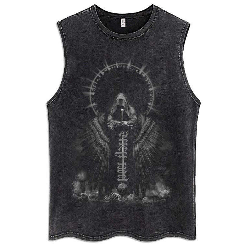 Retro Goth Washed Printed Sleeveless Vest Men's Summer Loose Fashion Brand High Street Sports T-shirt Couple