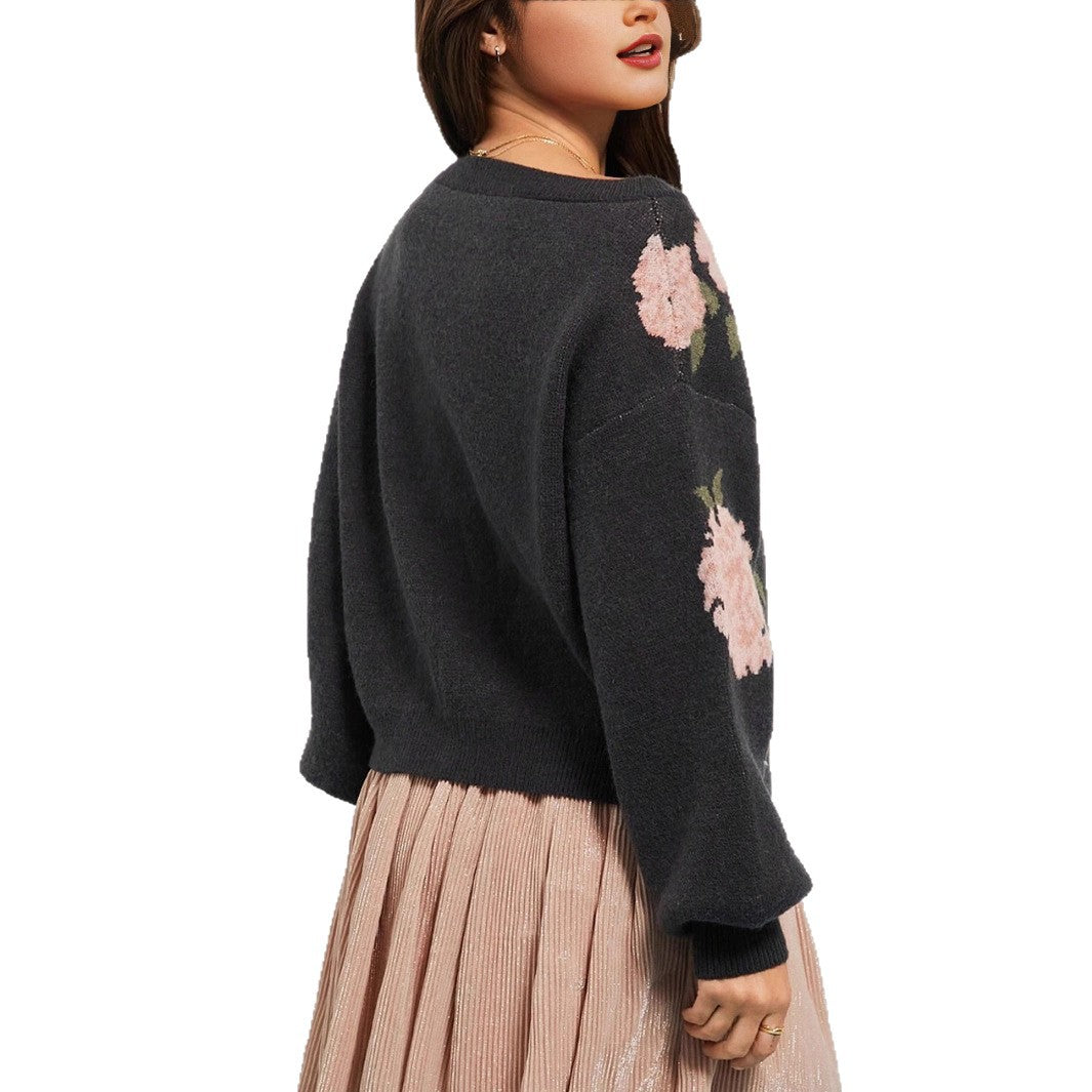 Dame Casual Løs Off Shoulder Blomstret Jacquard Pullover Striktrøje