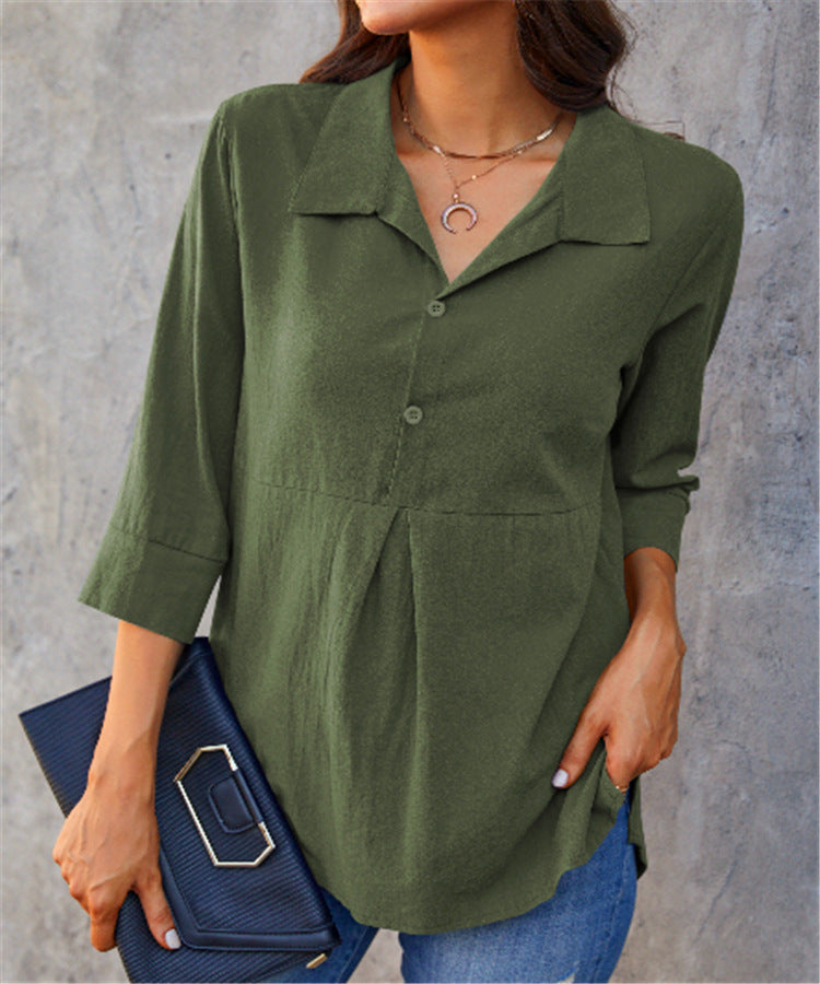 Solid-color Lapel-neck Slit Peplum Three-quarter-sleeve Womens Shirt