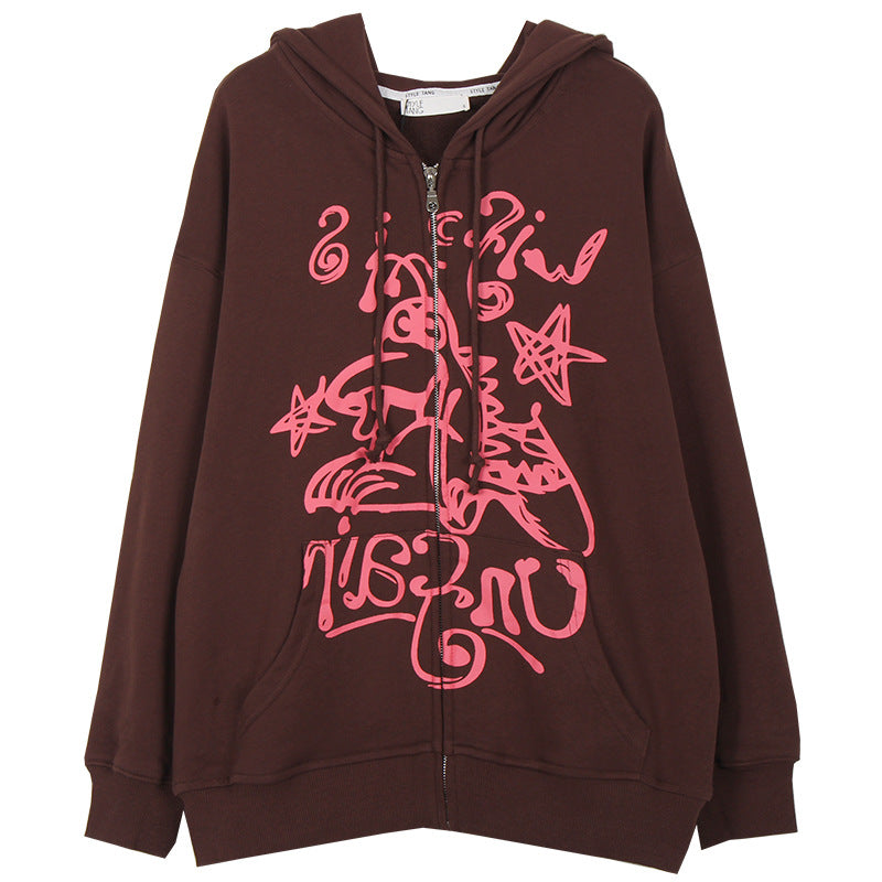Printed Cardigan Lazy Wind Brown Temperament Commuter Loose