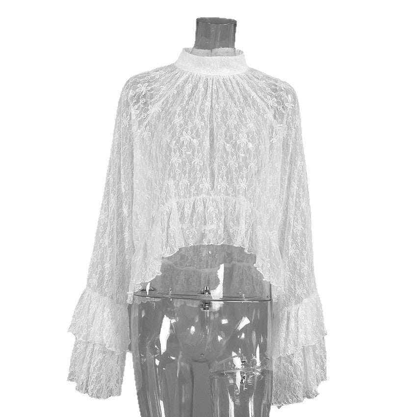 White Lace Jacquard Sheer High-neck Workwear Relaxed-style Long-sleeve Shirt