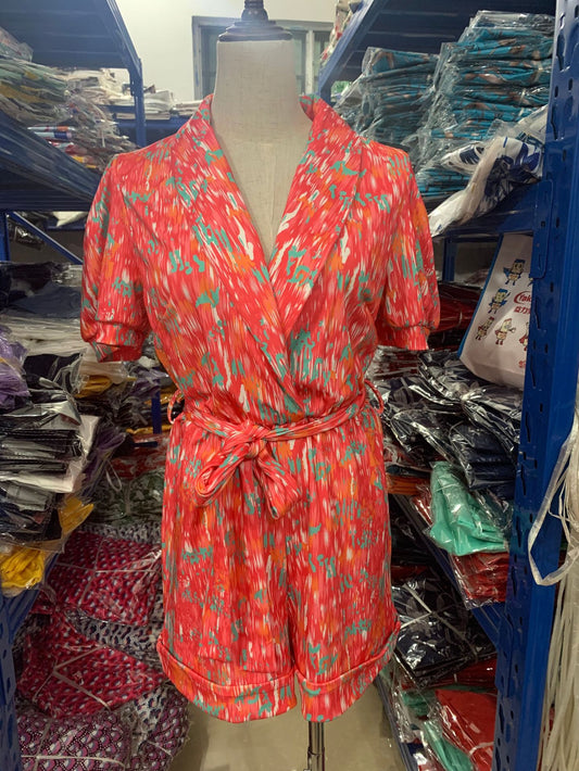 Bubble sleeved short sleeved printed waistband elastic jumpsuit