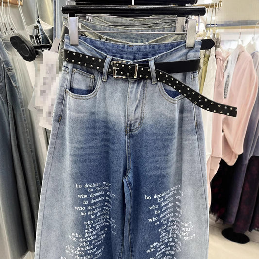 Shadow Washed Slim Fit Letter Wide Leg Jeans