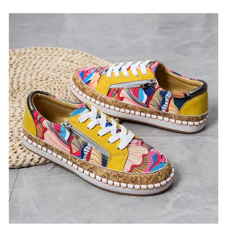 Patterned Side Zip Lace-Up Casual Flats Shoes