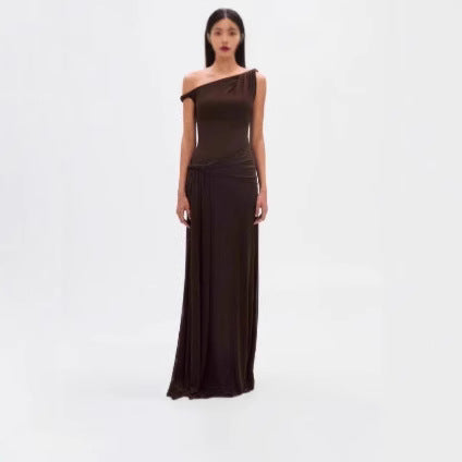 Womens Asymmetrical Dress With A Slanted Neckline Off-the-Shoulder Design And A Tied Waist
