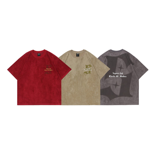American Retro Virtual Shadow Letter Printed Suede Short Sleeve