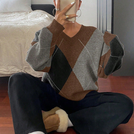 Retro Hit Color Diamond Lattice V-neck Sweater Women's Korean Style Idle Style