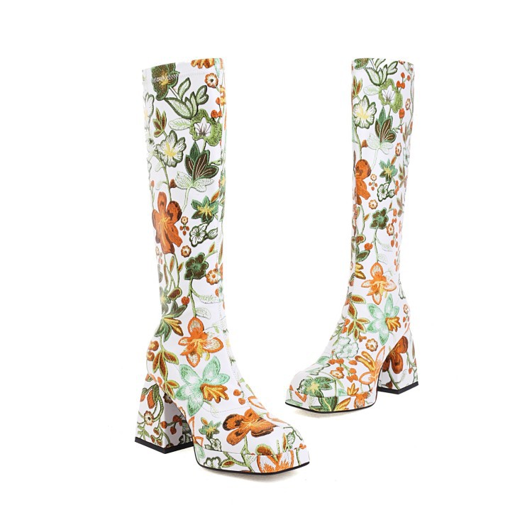 Fashion High Heel Print Square Toe Knight Boots Women