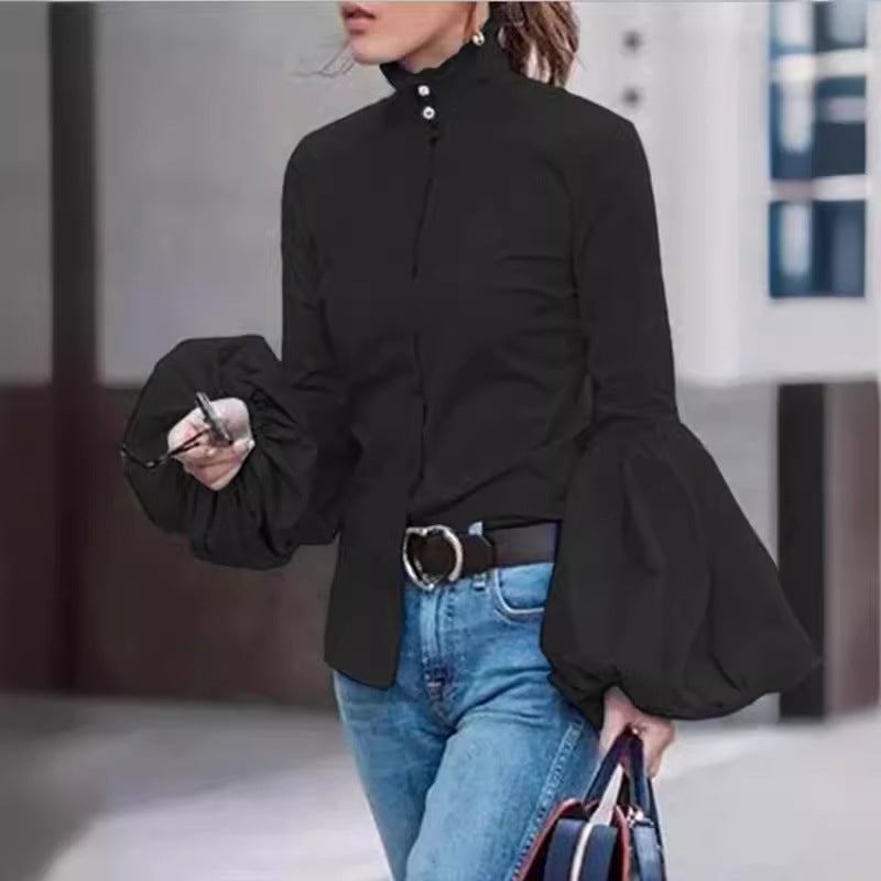 Stand Collar Puffy Sleeve Tup Cardigan Long Sleeve Lapel Shirt