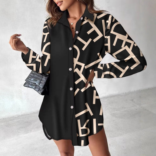 Long Sleeve Printed Patchwork Button Dress Shirt For Women