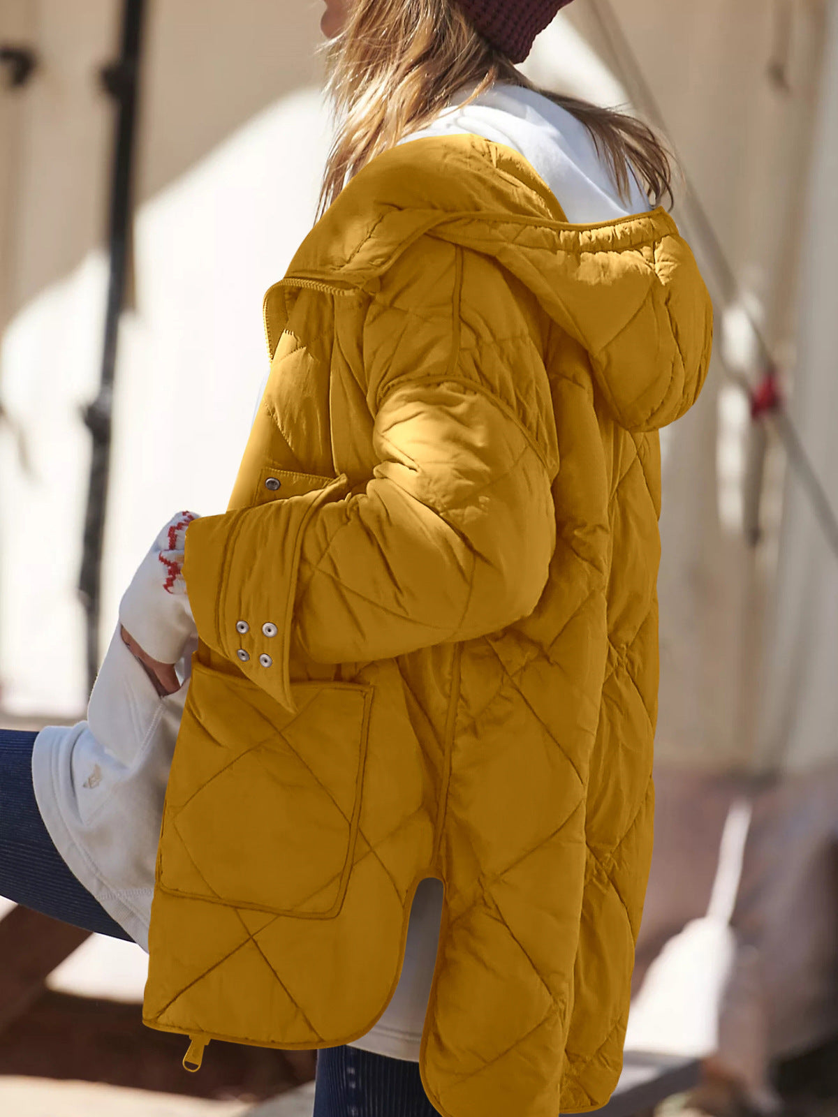 European And American Solid Color Fashion Diamond Lattice Large Pocket Split Cotton Jacket