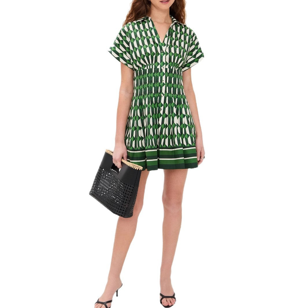 Fitted-waist V-neck Button-front Short-sleeve Dress