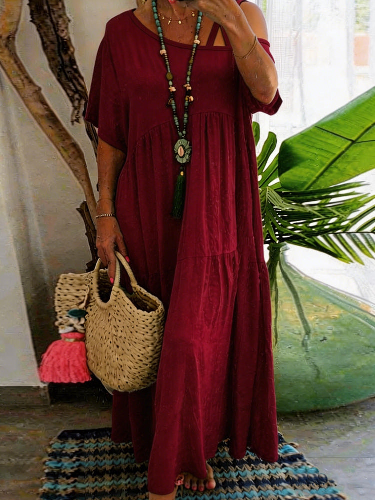 Casual Slash Neck Short Sleeve Cotton Linen Solid Color Womens Dress