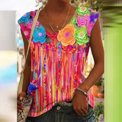 3D Digital Printing Basic Sleeveless V-neck Women's Vest Short Top
